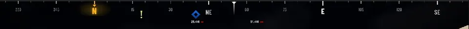 The compass in game: cardinal points, degrees, marker icons and each marker's distance in meters. The center line is where you are facing.