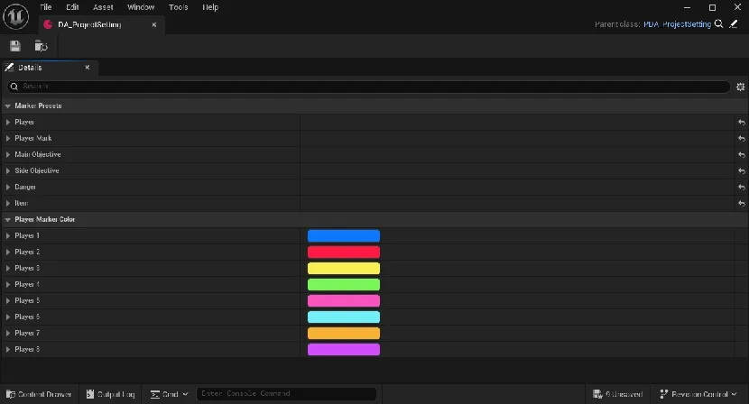 DA_ProjectSetting has two categories: Marker Presets for each type's look, and Player Marker Color for the 8 player colors.